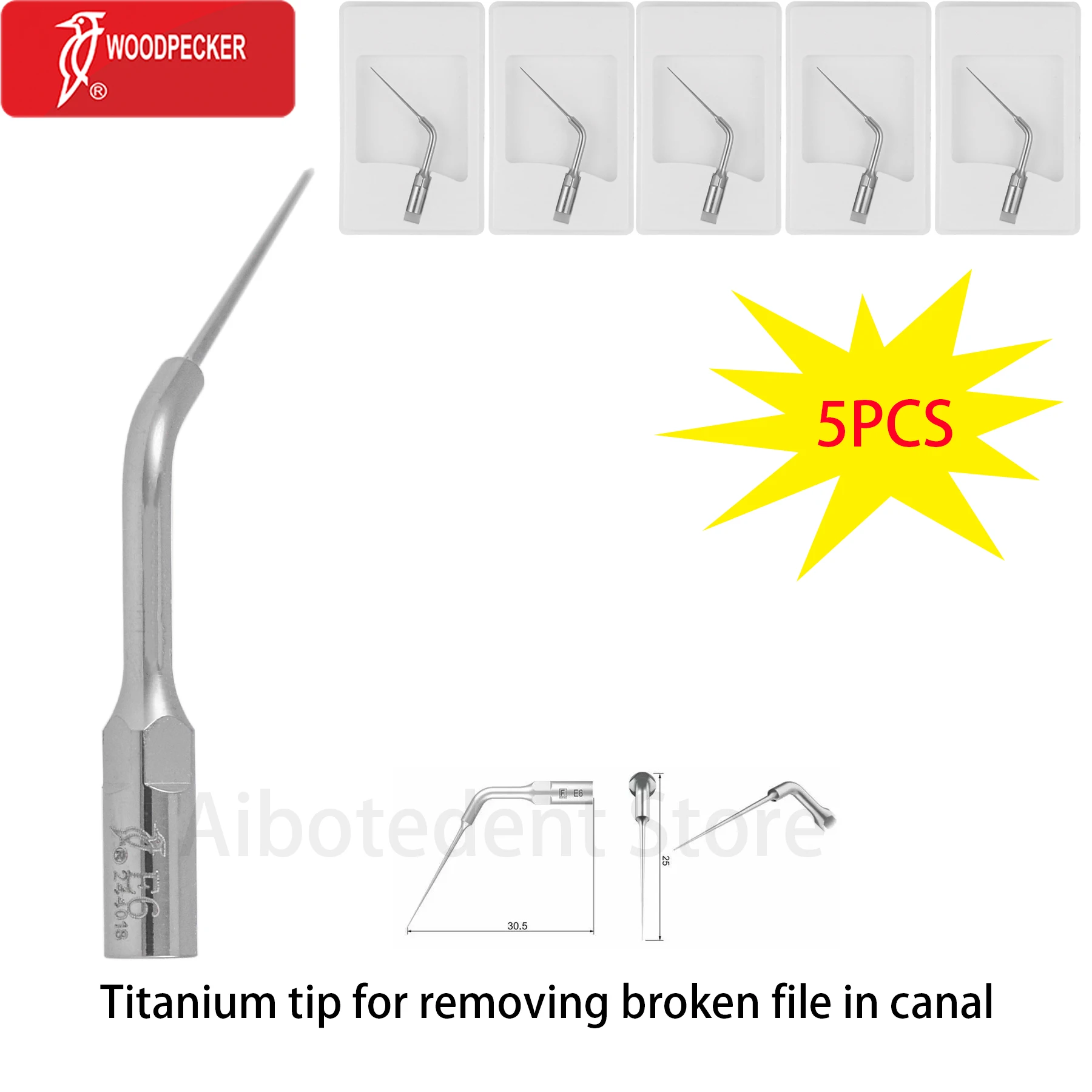 5PCS Woodpecker Dental Titanium Tip E6 for Removing Broken File in Canal fit EMS WOODPECKER Dental Scaler Autoclavable