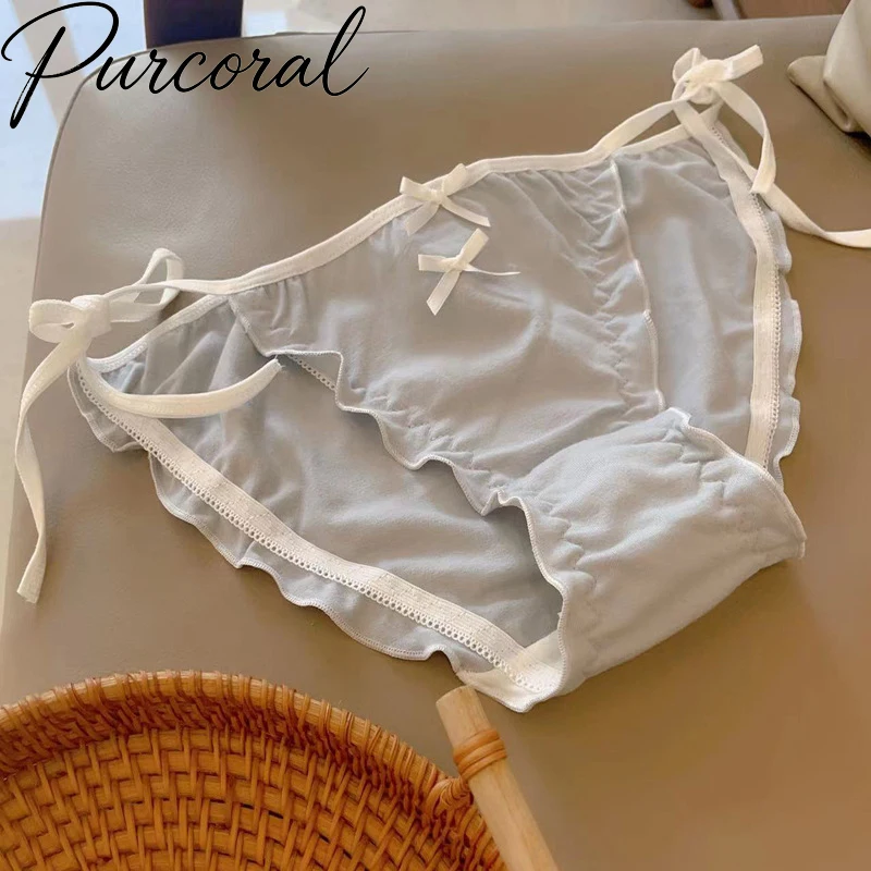 Purcoral Women Light Blue Side Tie Panties Triple Mini White Bow Ruffle Lace Low Waist Briefs Soft Cotton Sweet Underwear