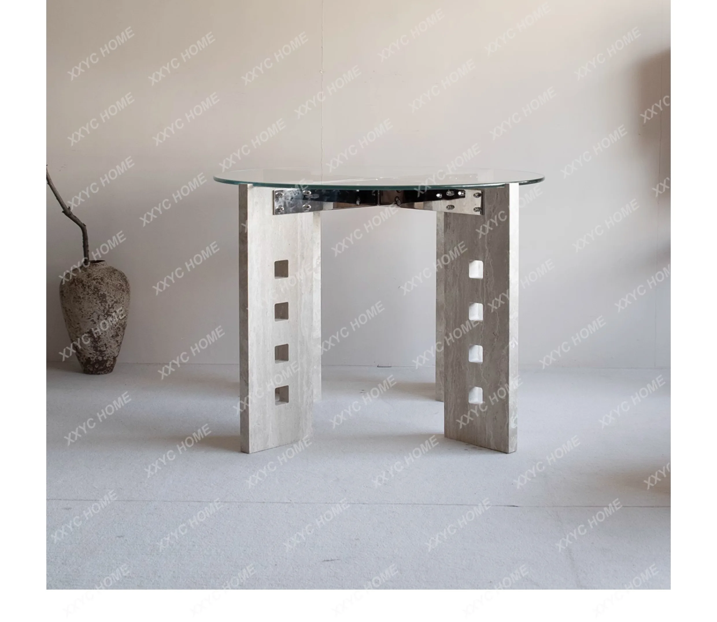 Original design restaurant household natural travertine dining table 1.2 meters round glass