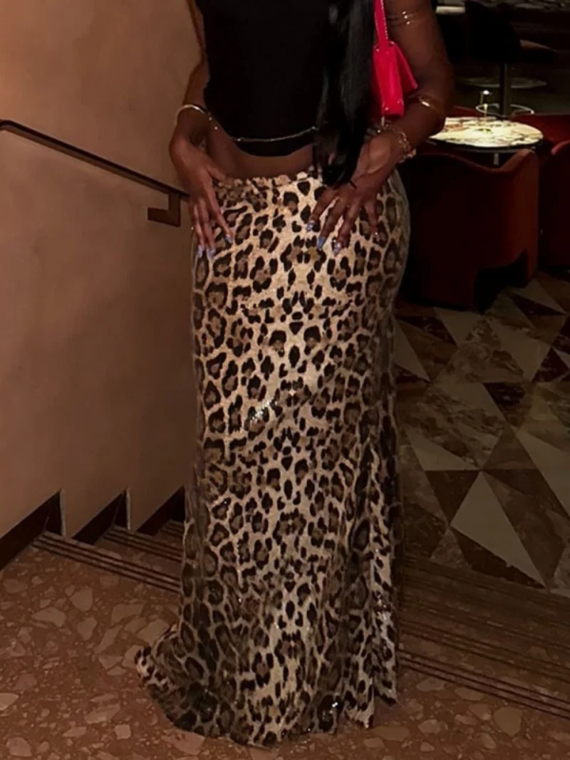 Fashion Leopard Sequined Skirt Summer Clothing Women 2026 Elastic Low Waist Mermaid Skirt Evening Party Club Sexy Leopard Skirts