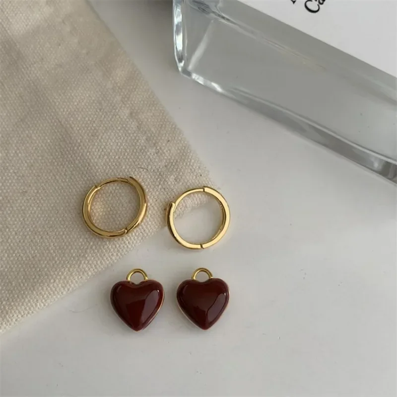 تصميم بسيط النبيذ الأحمر الحب القلب استرخى أقراط للنساء الذهب اللون دائرة خمر الخوخ انخفاض القرط يمكن فصلها