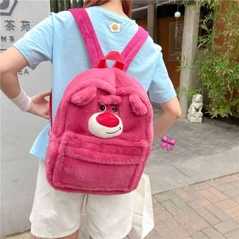 Disney morango urso bonito doce mochila sullivan cabelo estranho dos desenhos animados engraçado tridimensional pelúcia grande capacidade mochila