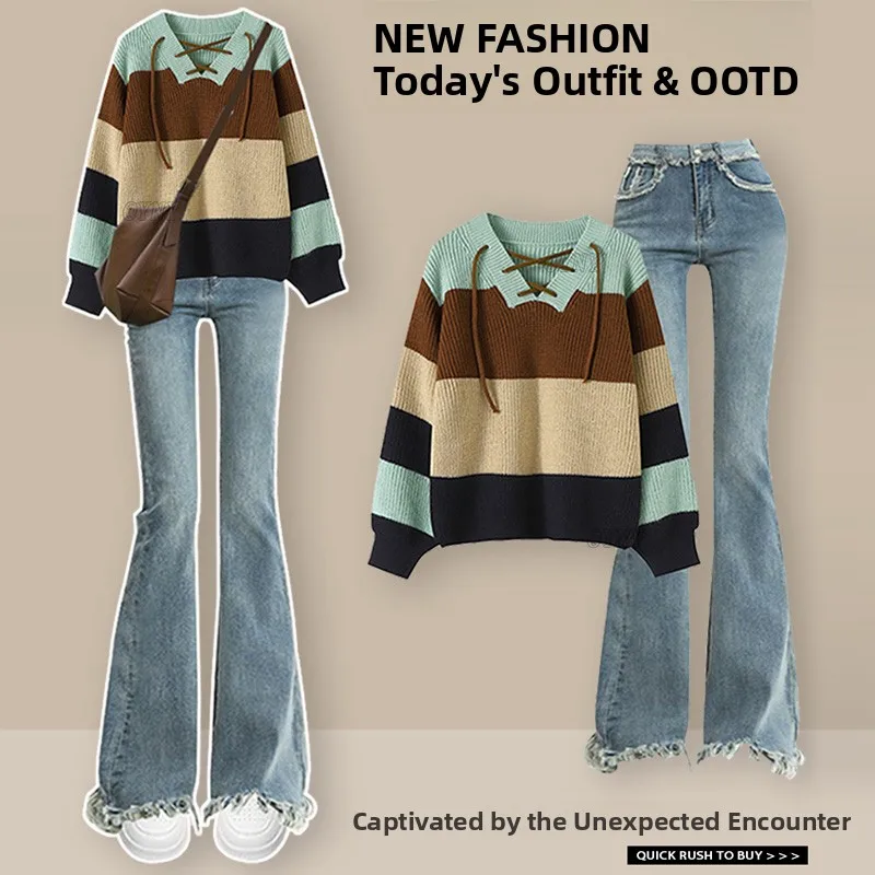 

Loose Women's Knitted Sweater V-Neck Color Block Striped Design Autumn New Style Casual Fashion with High Waist Jeans