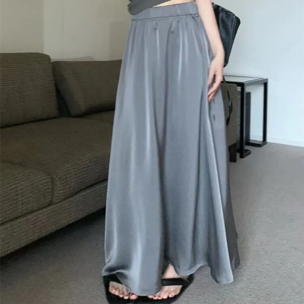 

French Hepburn Style Acetic Satin Long Skirt for Women Large Swing Skirt Elegant Casual Mid-Length A-Line Skirt