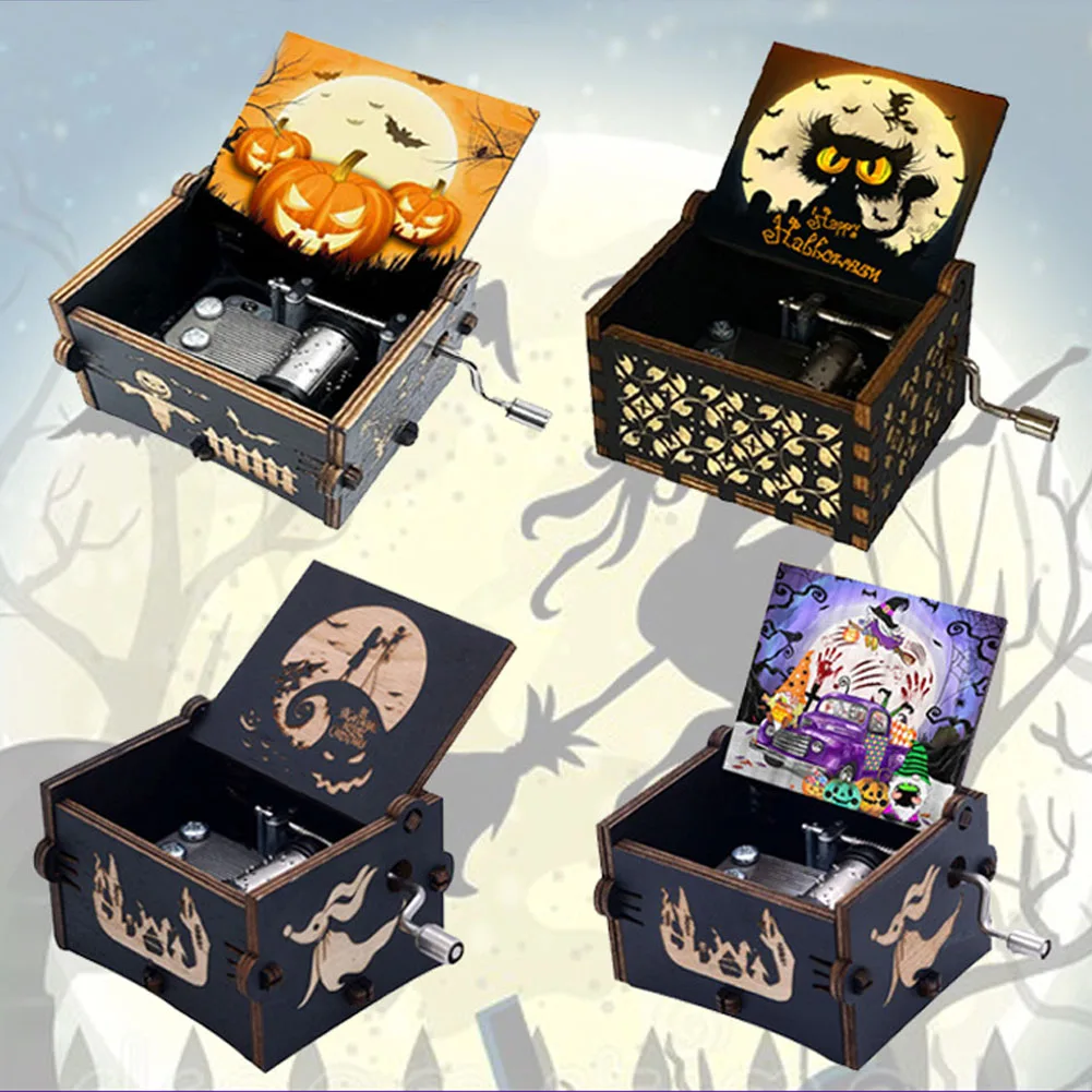 Disney The Nightmare Before Christmas Wooden Music Box Retro Engraved Horror Nights Hand-cranked Music Box Gifts for Friends