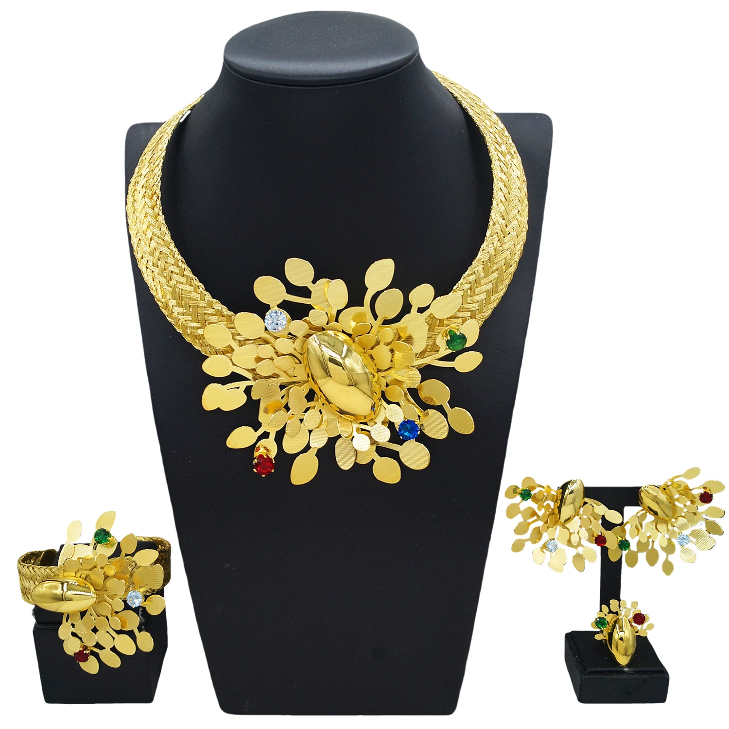 

Ylaili Dubai Fashion Jewelry Set 18K gold plated woven chain color treasure embellished luxury exquisite bridal jewelry gift box