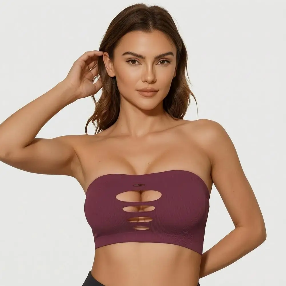 Women's Sexy Hollow Out Bandeau Bra Strapless Wirefree No Padded Bralette, Elastic Knitted Tube Top Bra Invisible Strapless Wrap
