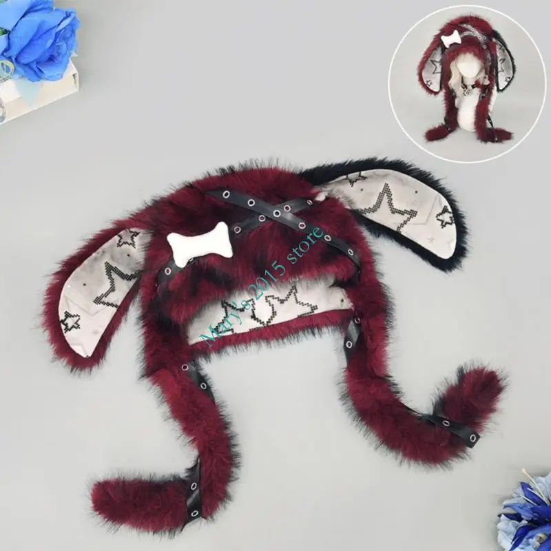 Brimless Plush Rabbits Ear Hat with Soft Smooth Feel, Extended Side Ear Flaps, and Layered Black Eyelet Strap, Ear Flaps Hat for