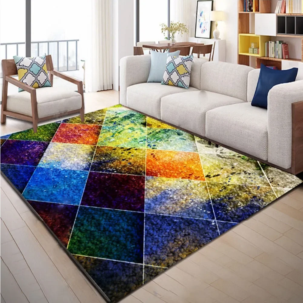 Color Grid 3D Printing Carpet Modern Luxury Home Decor Big Carpets for Living Room Bedroom Area Rugs kitchen Anti-slip Floor Mat