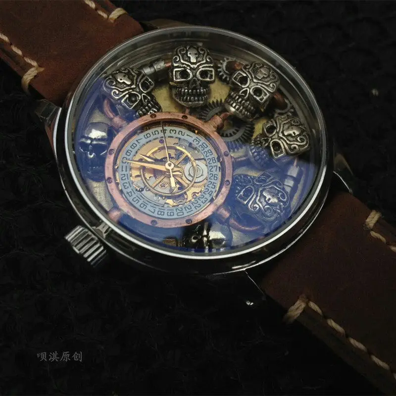 Original Steampunk Watch, Croxin Sterling Silver Skull Watch, Fully Automatic Mechanical Personality Watch