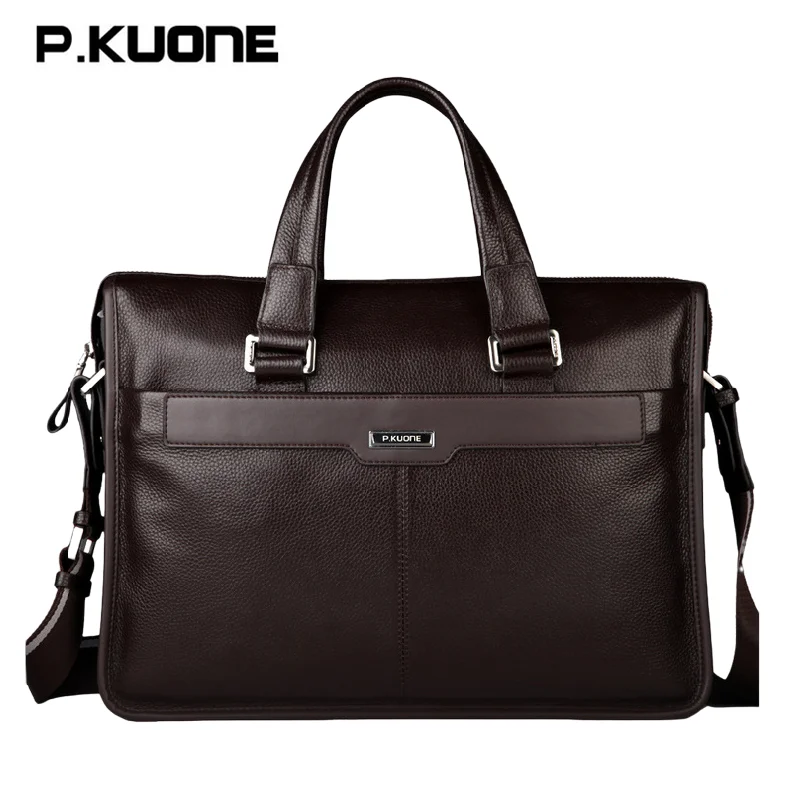 P.KUONE Men Shoulder Messenger Bag Men's Genuine Leather Business Briefcase Crossbody Bag for 15.6' laptop computer male handbag