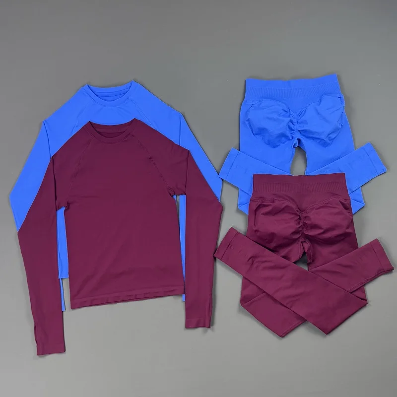 2Piece Gym Set Women Long Sleeve Top Seamless Butt Lift Leggings Suit Breathable High Elastic Outfit Sports Running Fitness Sets