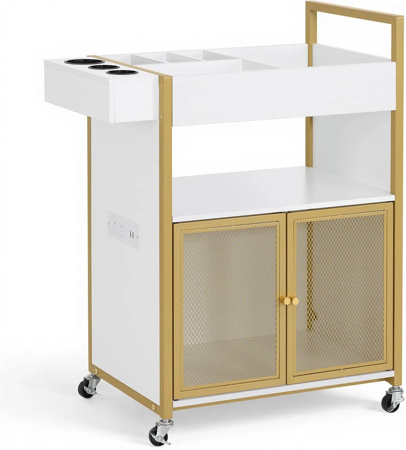 Rolling Salon Cart Power Outlet Barber Trolley Metal Tool Holder Storage Cabinet Beauty Salon Equipment Mesh Doors Hair Stylist