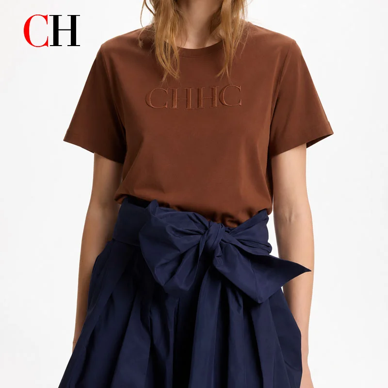 CH Women's CHHC Embroidery T-Shirt Crew Neck Short Sleeve Soft Cotton Casual Daily Summer Top