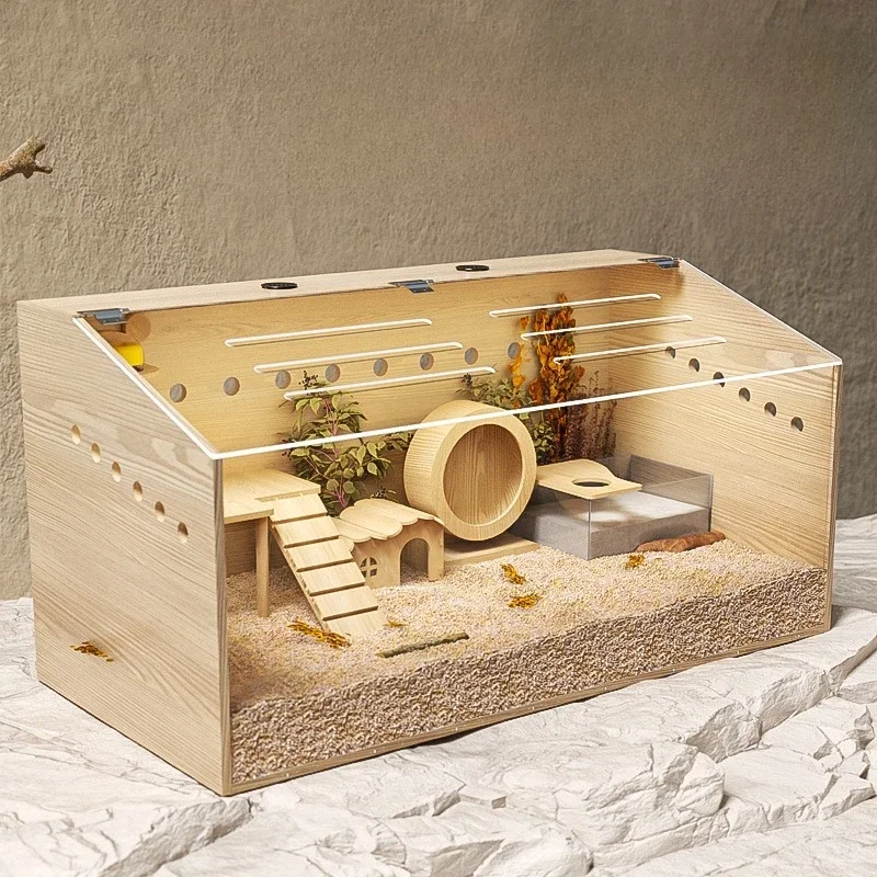 

Solid wood hamster feeding box, acrylic large villa, pet hedgehog wooden cage, wooden luxury cage