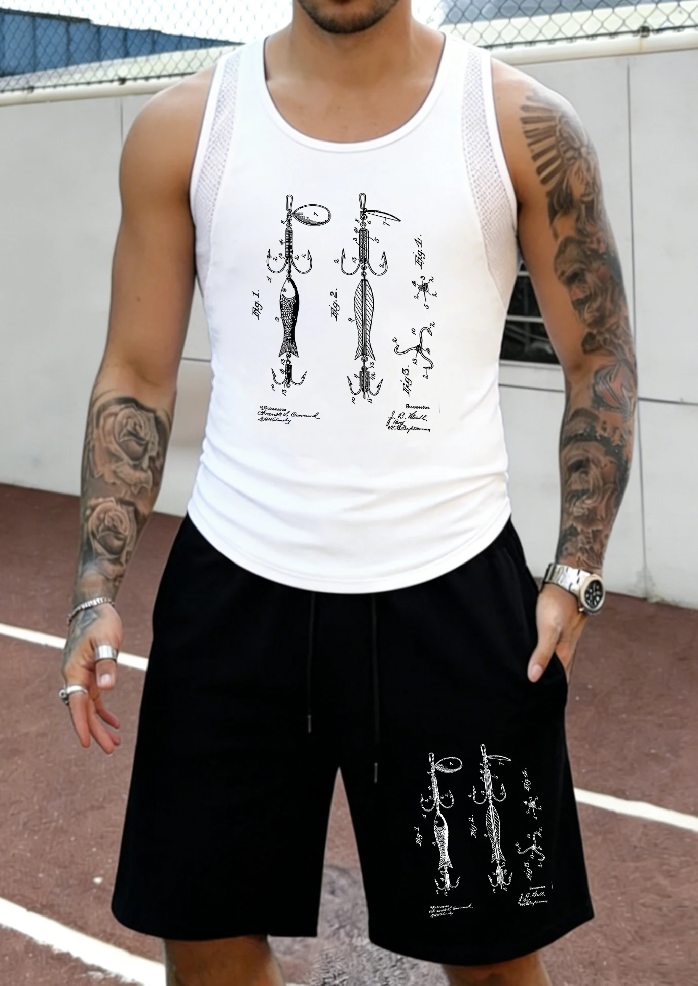 

Fish Hook Design Printed Man Summer Mesh Quick Dry Vest Set Classic Pocket Shorts Hip Hop Fitness Sportswears Running Pants