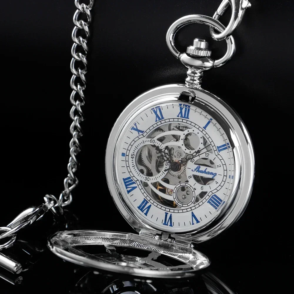 New Silver Rudder Sculpture Roman Digital Mechanical Pocket Watch Hollow Case Analog Skeleton Men's Mechanical Pocket Watch