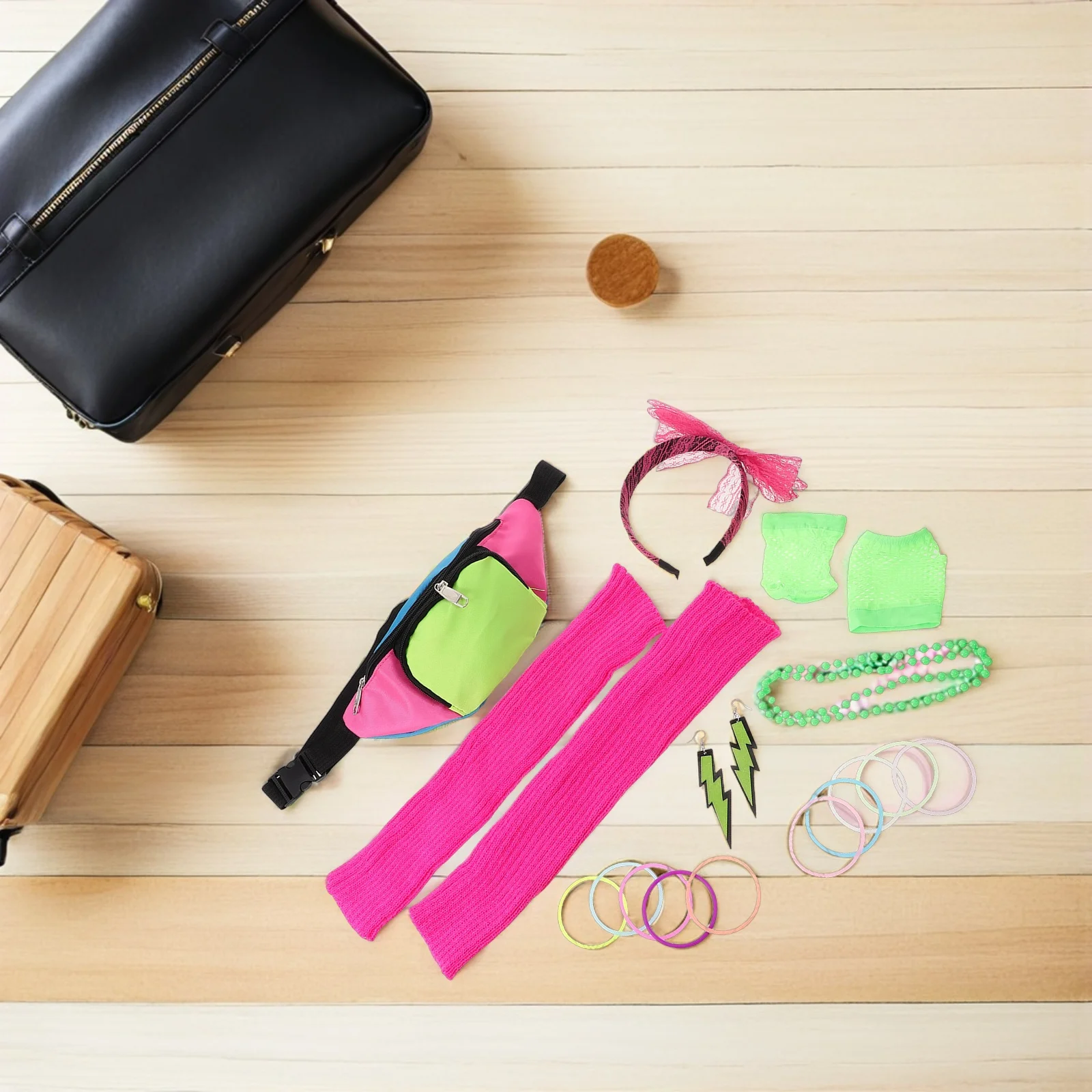

19pcs Party Accessory Set For Women Neon Retro Fanny Pack Headband Earrings Wristbands 80S Glow Outfit Punk Festival Wear