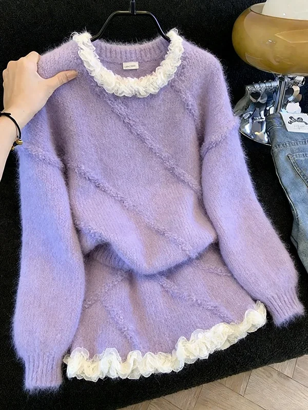 

Весенний комплект 2026: Корейский вязаный топ и юбка с рюшами в фиолетовом цвете, повседневный женский ансамбль для омоложения образа