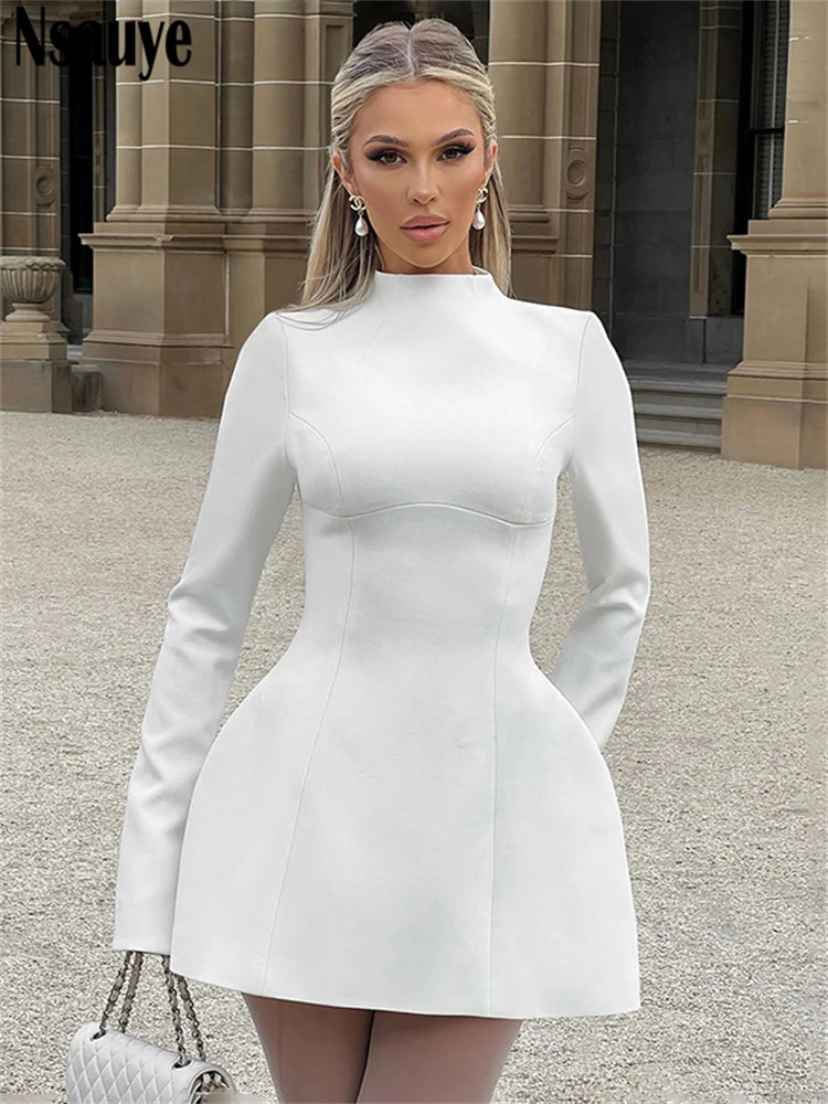 

Nsauye Mini Bodycon Dress Women Fashion Elegant Long Sleeve A-Line Sexy Evening Party Backless Chic Night Club Dress White 2024