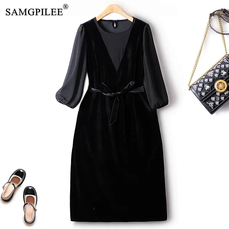 

Dresses For Women 2022 Autumn New Fashion Chiffon Sleeve Waist Tie Over Knee Gold Velvet Banquet Winter Party Female Dress 4XL