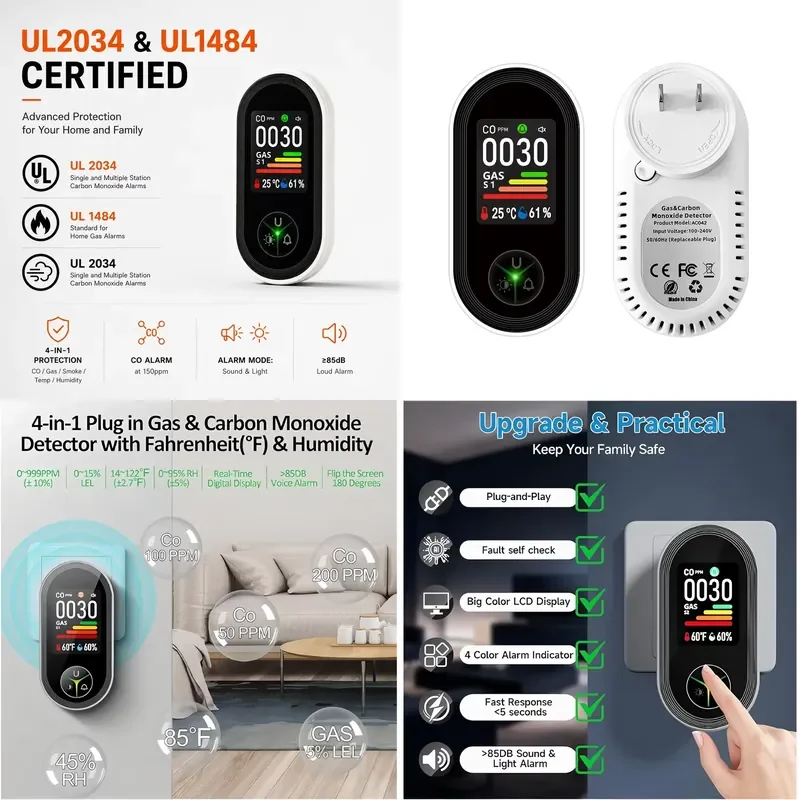 For OEM 4-in-1 Plug-in Detector Combustible Leak Detector Carbon Monoxide Alarm with LCD Screen