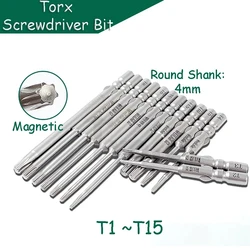 Torx Screwdriver Bit T1 - T15 Magnetic 4mm Round Shank S2 Steel 40/60/80/100mm Length Electric Batch Head Repair Wrench Bits