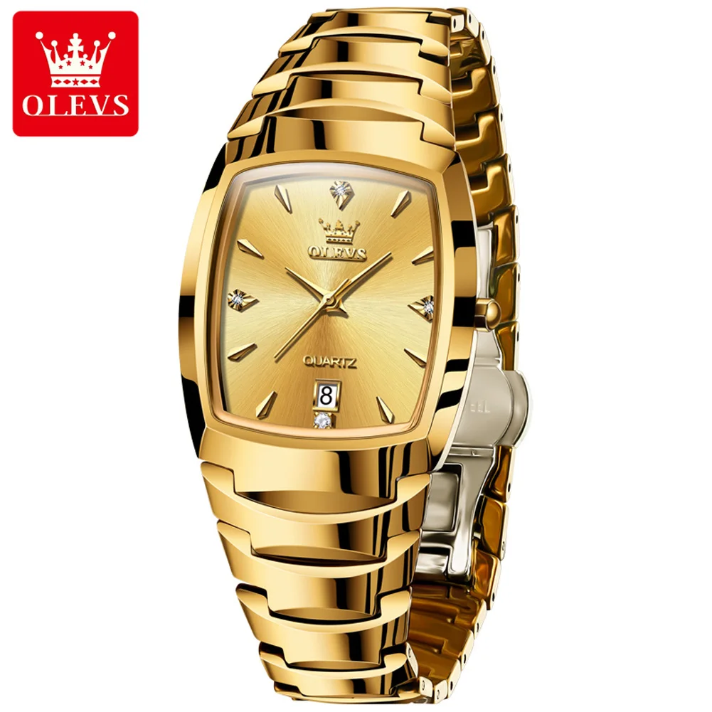 

Business Male Quartz Watch OLEVS Brand All Gold Tungsten Strap Square Dial Diamond Markers Date Waterproof Men Wrist Watch Reloj