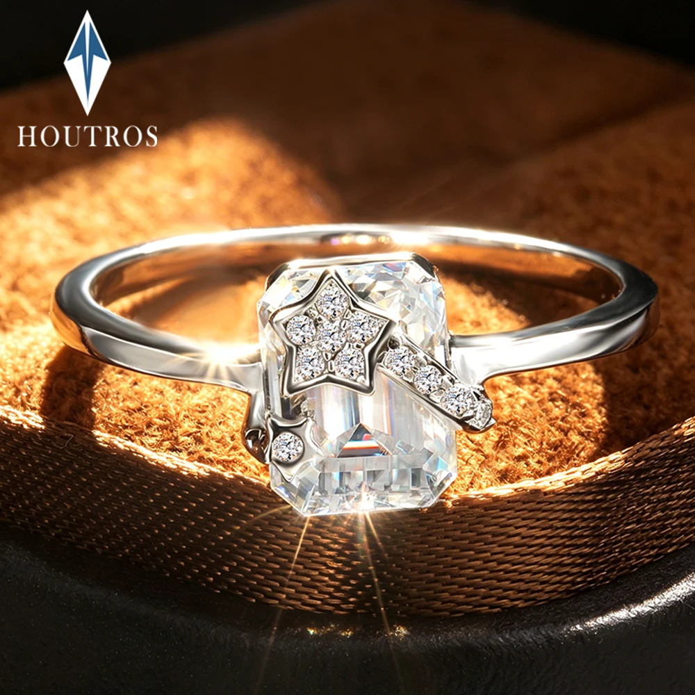 6x8mm Emerald Cut Moissanite Engagement Rings 100% 925 Sterling Silver Star Design Ring Party Wedding Bands for Women Jewelry