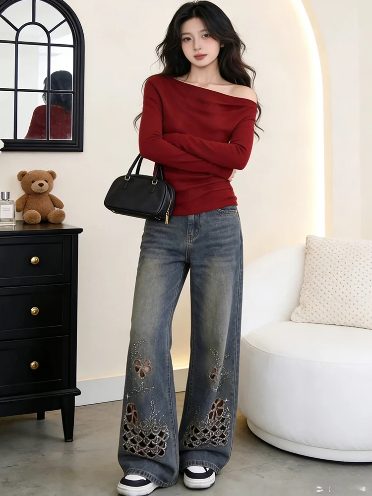 

Ретро-джинсы в американском стиле с вышивкой и стразами, женские, весенние, тонкие, с высокой талией, прямые, широкие, в пол