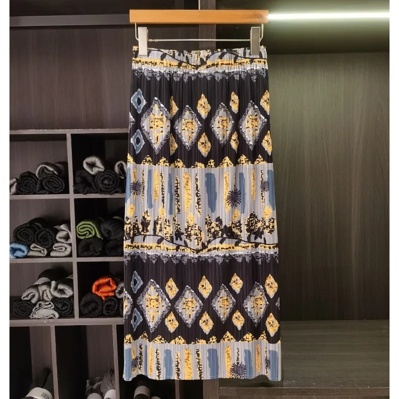 Miyake Pleated Printed Skirt 2026 Summer New Simple Fashion Elegant Side Slit Straight Elastic Draped Women's Skirt with Pockets
