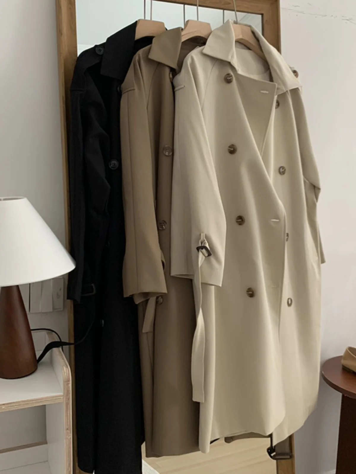 

Hepburn Sle, свободная посадка, ветровка Long Sve, женское пальто, двубортное пальто с воротником с поясом, верхняя одежда средней длины на осень