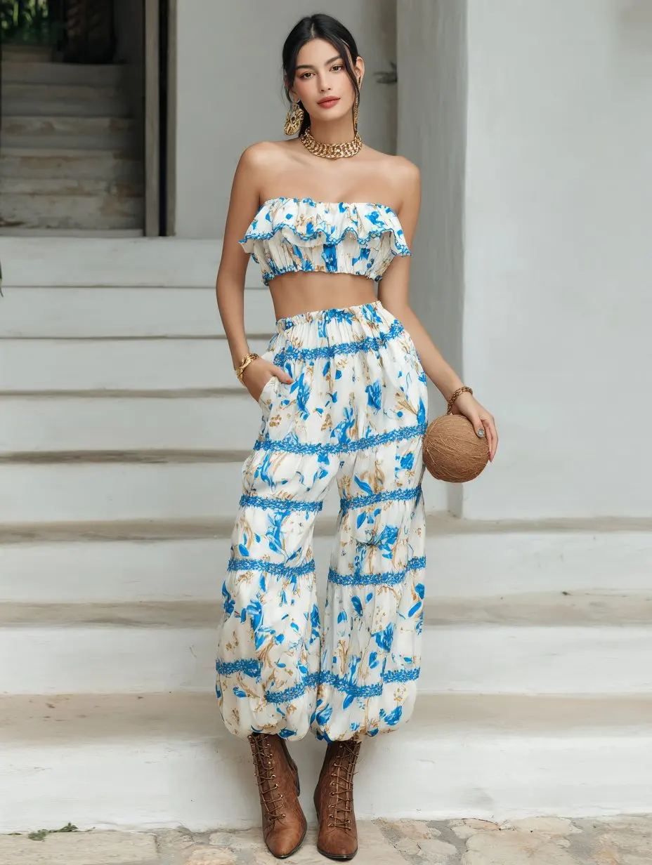 

Mia Muse Select Autumn Sets 2025 Women's Patchwork Flounce Sleeveless Strapless Elastic Waist Pants Vacation Sets