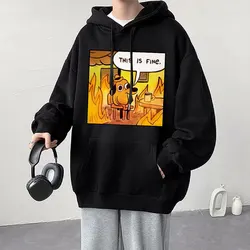 This Is Fine Things Are Going To Be Ok Meme Hoodies Cartoon Funny Print Sweatshirt Casual Fleece Unisex Hooded Fleece Tracksuit