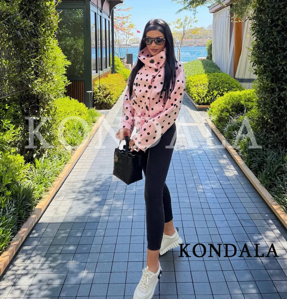 KONDALA Trendy Casual Big Wave Point Jacket Women Stand Collar Double-breasted Jacket with Belt 2026 Spring Fashion High Street