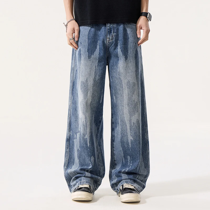 

Новые мужские джинсы в американском стиле 2026 года: синие, свободные, прямые, с эффектом брызг краски, винтажный дизайн, повседневные брюки из денима