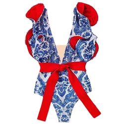 Maillot de bain une pièce imprimé floral, bleu, décolleté en V plongeant, à volants, avec ceinture, tenue de plage de luxe, pour femmes, 2023