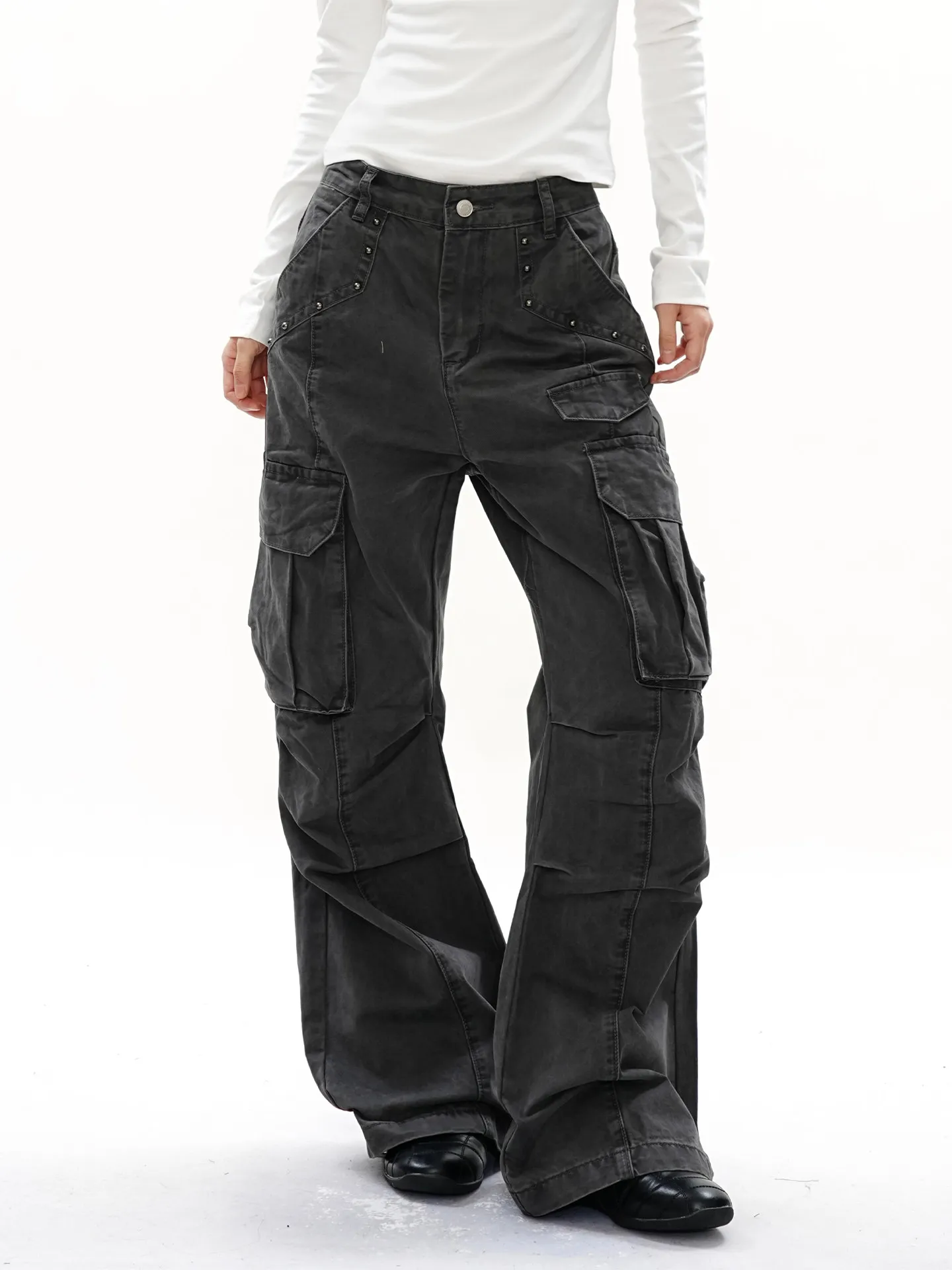 Calças Jeans Retrô Americanas Vintage com Rebites e Bolsos, Perna Larga, Estilo Workwear, Casuais, Resistentes ao Desgaste, p...