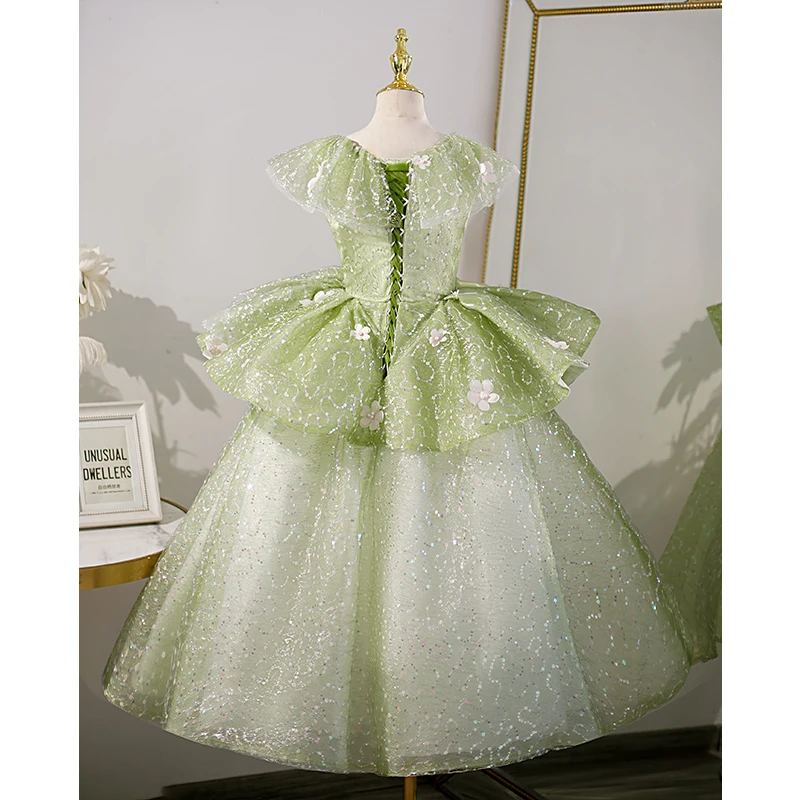 Crianças verde beading apliques tule vestido requintado lantejoulas vestido de festa de casamento sem mangas chiffon vestidos da menina de flor 4-12y