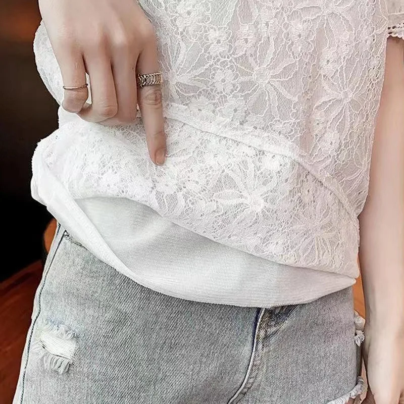 Vrouwen Zomer Tops Gehaakte Kant Mesh Tees Sexy Vintage Korte Mouw Elegante T-shirts Losse Blouse Casual Tees