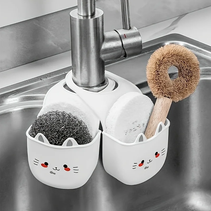Cartoon Cat Basket Soft Buckle Faucet Sponge Bracket Silicone Sink Hanging Kitchen Dish Sink Storage Bag Drain Hanging Bag