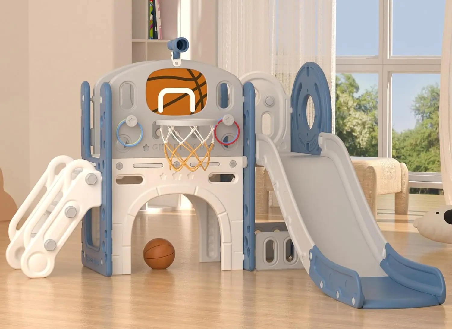 

8-in-1 Toddler Slide Set, Kids Slide for Ages 1-3, Climber Playset with Basketball Hoop, Indoor Outdoor Playground