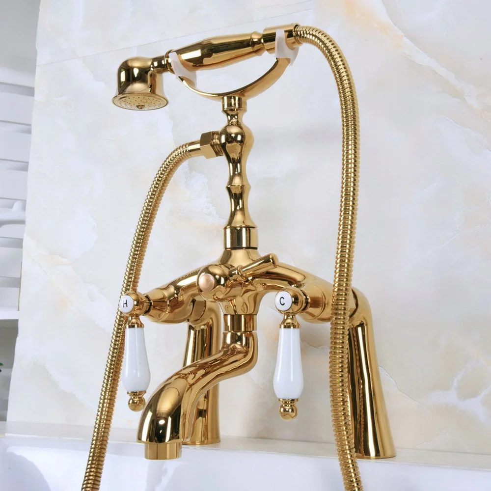 

Gold Color Brass Clawfoot Bath Tub Faucet with Handshower - Deck Mount ana133