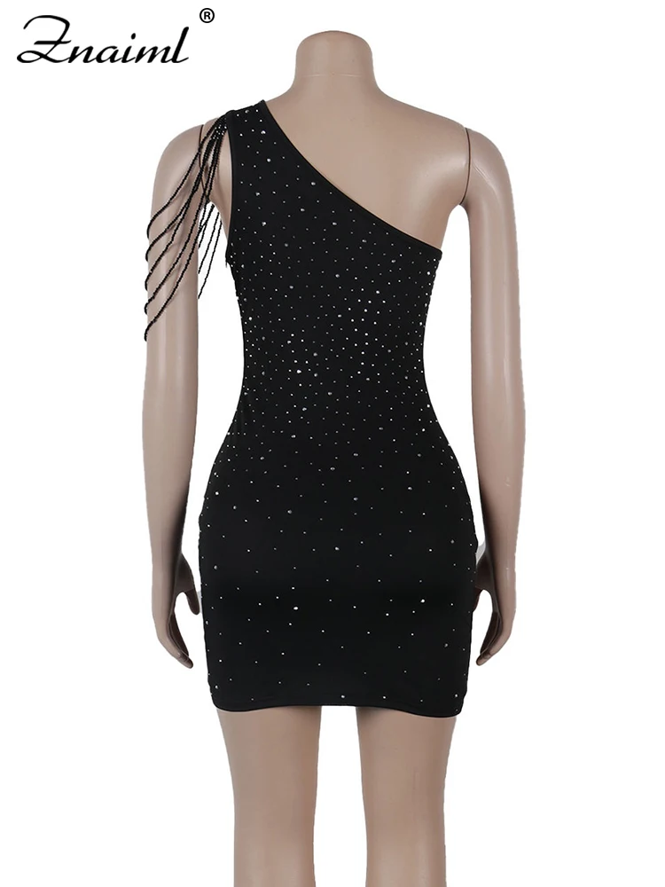 Znaiml Women Luxury Diagonal Collar One Shoulder Strap Black Beading Bodycon Gowns Mini Dress Birthday Sexy Night Club Bar Robe — zdjęcie 5