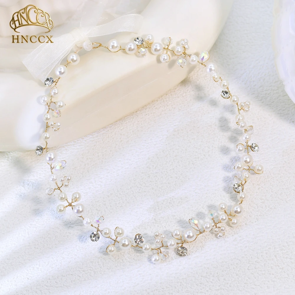 

HNCCX Boho Pearl Crystal Hair Band Soft White Ribbon Bridal Handmade Headband Wedding Headband Hair Jewelry for Bridesmaid HP03