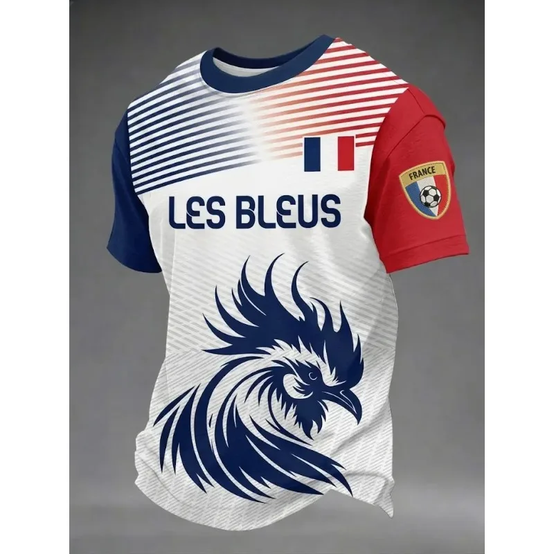 3D Gradient Rooster Print France Fan Soccer Tee Trendy New Arrival Short Sleeve Sport Top for Football Tournament Supporters