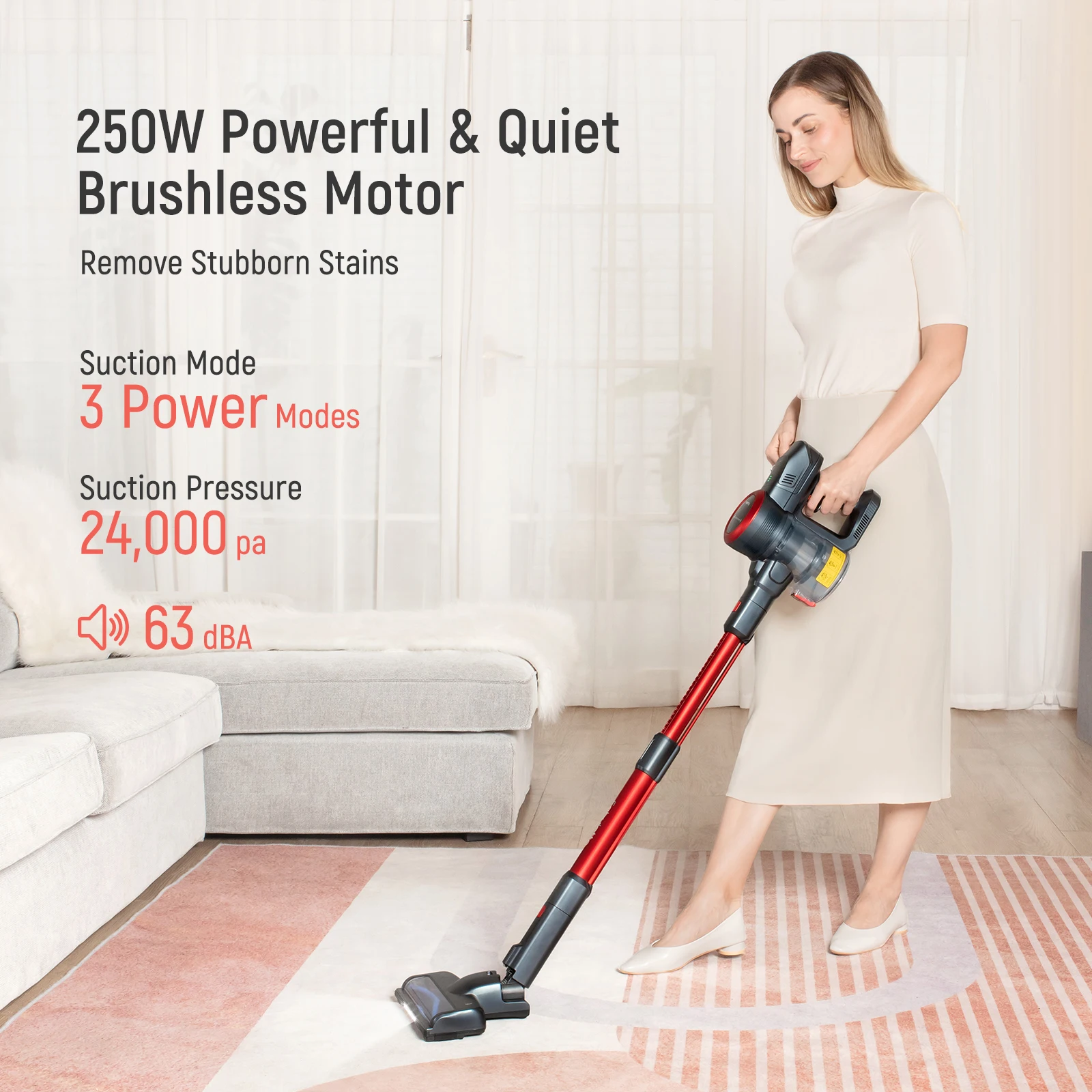 Fabuletta Cordless Vacuum Cleaner, 6-in-1 Lightweight Stick Vacuum Cleaner With 250W Brushless Motor, 24Kpa Free-Standing Vacuum