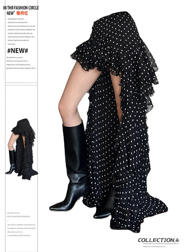 Women's Midi Skirt Polka Dot Design Vintage Korean 2000s Aesthetic Harajuku Shoujo Kpop Split Skirt Party Evening Asemetrical