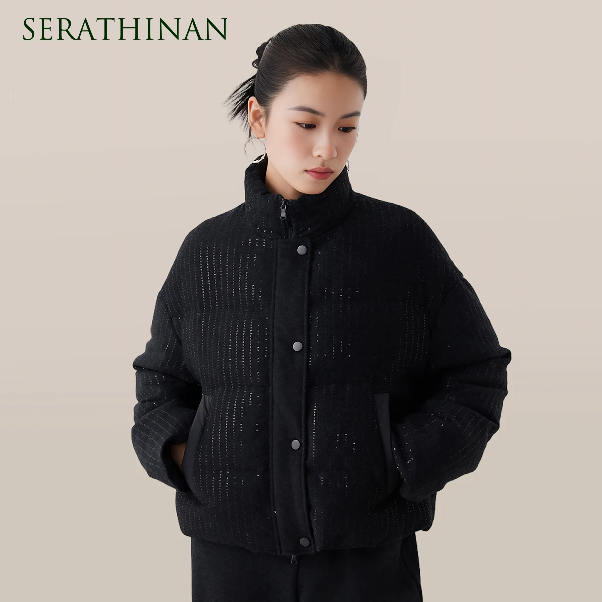 K2739W High Quality Luxury Women's Clothing 90% White Goose Down Thick Down Jacket 50% Wool Sequins Winter Jacket