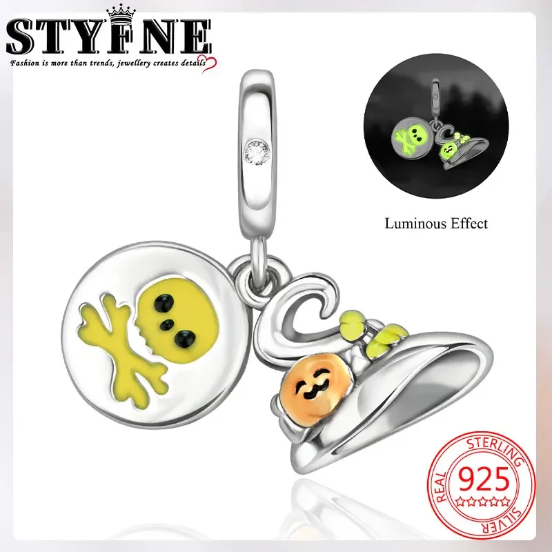 Symbols 2025 Halloween Beads 925 Sterling Silver Glow-in-the-Dark Spooky Yellow Pumpkin Hat for Women's Jewelry DIY Gift